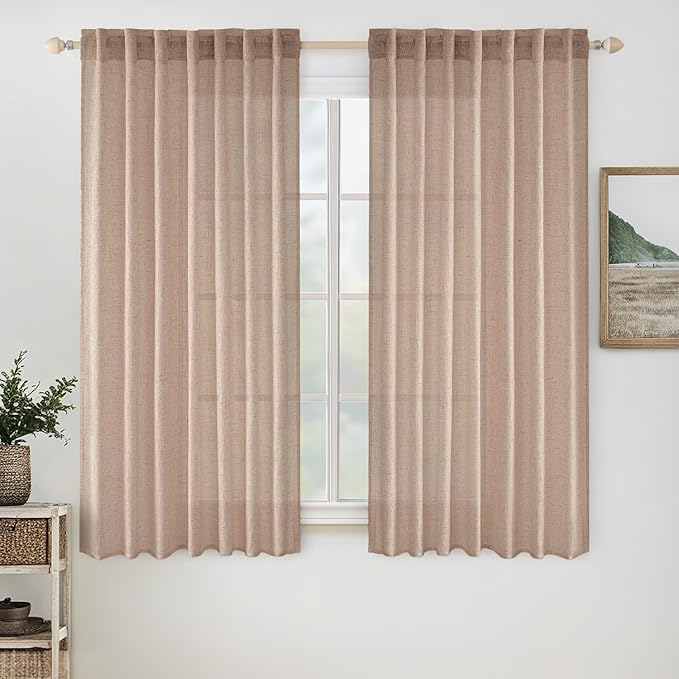 MIULEE Natural Beige Linen Curtains 54 Inch Length 2 Panels for Bedroom Living Room, Soft Linen Textured Window Drapes Semi Sheer Light Filtering Back Tab Rod Pocket Farmhouse Burlap Look Decor