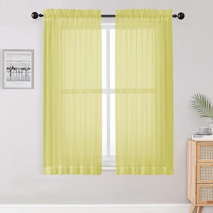 OWENIE Sheer Lemon Curtains for Bedroom Living Room 63 Inch Length 2 Panels Set, Modern Soft Solid Light Filtering Sheer Curtains for Dining Room, Rod Pocket Window Treatments, Lemon, 42" Wx63 L