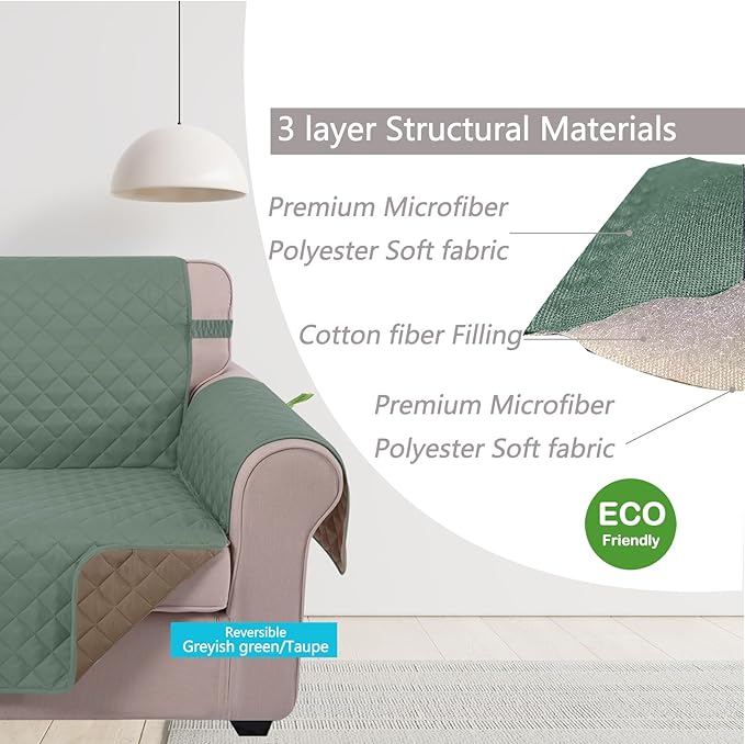 U-NICE HOME Loveseat Sofa Cover Reversible Couch Cover for Dogs with Elastic Straps Water Resistant Furniture Protector for Pets Couch Cover for 2 Cushion Couch (Loveseat, Greyish Green/Taupe)