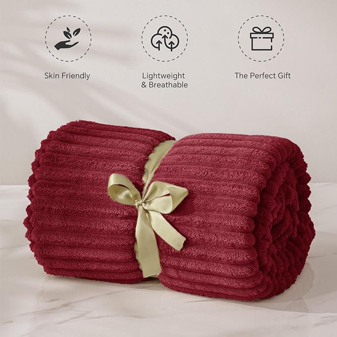 BEDELITE Fleece Throw Blanket for Couch – 3D Ribbed Jacquard Soft and Warm Decorative Fuzzy Blanket – Cozy, Fluffy, Plush Lightweight Burgundy Throw Blankets for Bed, Sofa, 50x60 inches