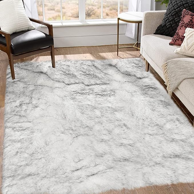 Goolela Sheepskin Area Rug 8x10 Fluffy Fuzzy Furry Carpet for Living Room Bedroom Faux Fur Plush Rectangle - White and Grey Tips