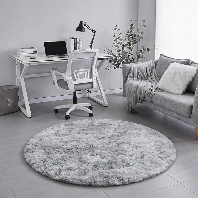Amdrebio Tie-Dyed Light Grey Round Rugs for Living Room, 8x8 Rug, Extra Large Circle Area Rug for Bedroom, Soft Fluffy Carpet, Modern Floor Circular Rug, Big Shaggy Farmhouse Rug for Apartment