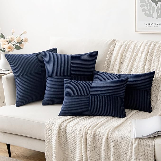 MIULEE Navy Blue Decorative Throw Pillow Covers 18x18 Inch for Couch Bed Sofa Pack of 2 Boho Farmhouse Throw Pillows Soft Cross Corduroy Patchwork Textured Cushion Cases