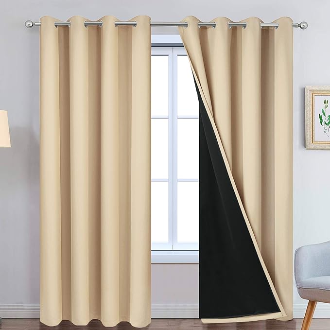 Yakamok 100% Blackout Curtains with Black Lined Thermal Insulated Light Blocking Curtains Heat Blocking Drapes for Bedroom(52Wx96L, Beige, 2 Panels)