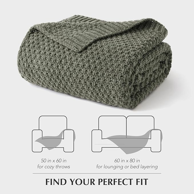 EVERGRACEHOME Chunky Chenille Knit Throw Blanket for Couch, Soft Luxurious Moss Stitch Blankets for Bed, Cozy Decorative Farmhouse Knitted Throws for Sofa, Dried Thyme Green, 60" x 80"