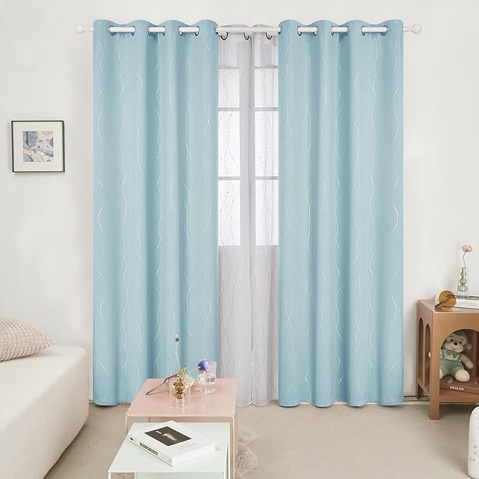 Deconovo Blackout Curtains, Thermal Insulated Soundproof Grommet Drapes, Wave Dot Foil Print, 52 x 108 Inch, Set of 2, Machine Washable Window Panel for Bedroom Living Room Nursery Kitchen, Light Blue