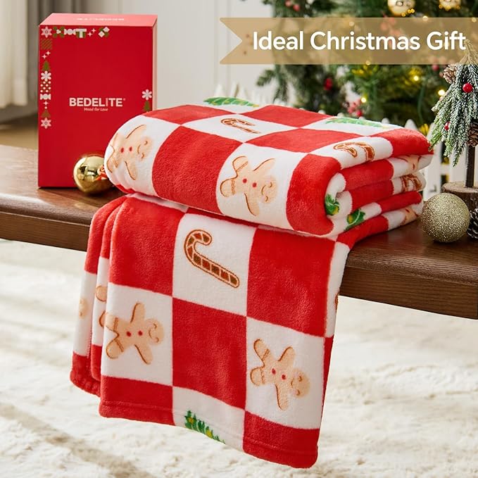BEDELITE Christmas Throw Blanket – Red and White Checkered Holiday Blanket with Gingerbread Man, Candy Cane & Christmas Tree Pattern, Soft Warm Fleece Christmas Blanket for Home Décor & Gift, 50"x60"