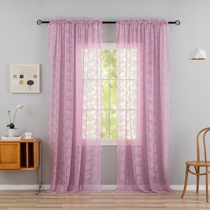 YJ YANJUN Vintage Lace Curtains 72 Inches Long-Victorian Floral Pattern Lalic Sheer Curtain Panels for Living Room Bedroom,Light Filtering, Cute Girls Drapes 2 Panels 52W x 72L Purple Blush