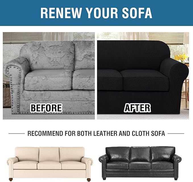 H.VERSAILTEX 4 Piece Stretch Sofa Covers for 3 Cushion Couch Covers for Living Room Furniture Slipcovers (Base Cover Plus 3 Seat Cushion Covers) Thicker Jacquard Fabric (Large Sofa, Black)