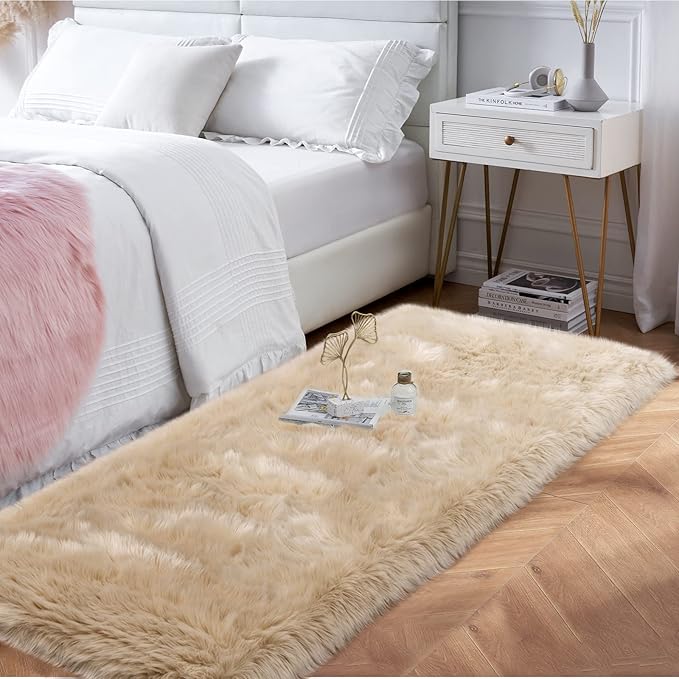 Beige Fluffy Rug for Bedroom, 2'X6' Faux Fur Rug for Runner, Soft Shag Rug for Sofa Couch Cushion, Cozy Shaggy Fuzzy Plush Floor Carpet for Nursery, Cute Bedside Dorm Home Decor Rectangle