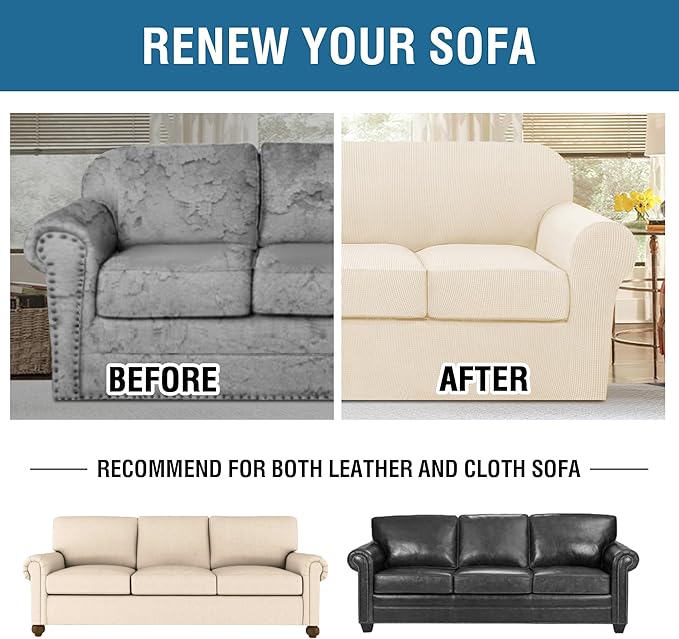 H.VERSAILTEX 4 Piece Stretch Sofa Covers for 3 Cushion Couch Covers for Living Room Furniture (Base Cover Plus 3 Seat Cushion Covers) Upgraded Thicker Jacquard Fabric (Sofa, Cream)