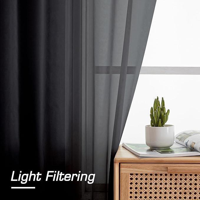 Simplebrand Black Sheer Curtains, 72" Length, 2 Panels Set - Light Filtering, Rod Pocket Window Curtains for Bedroom (Black, 59" W x 72" L)