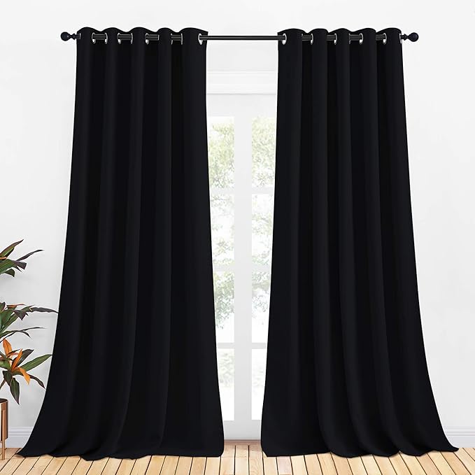 NICETOWN Bathroom Blackout Curtains and Drapes, Black Solid Thermal Insulated Grommet Blackout Drapery Panels for Window (2 Panels, 70 inches Wide by 95 inches Long, Black)
