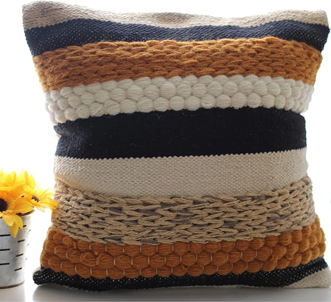 Decorative Boho Pillow Cover, 18” x 18” Square, Soft Moroccan Rustic Throw with Tufted Accents, Plush Handwoven Cotton, Neutral Farmhouse Home Decor | Made with Love and Care in India (Terracotta)