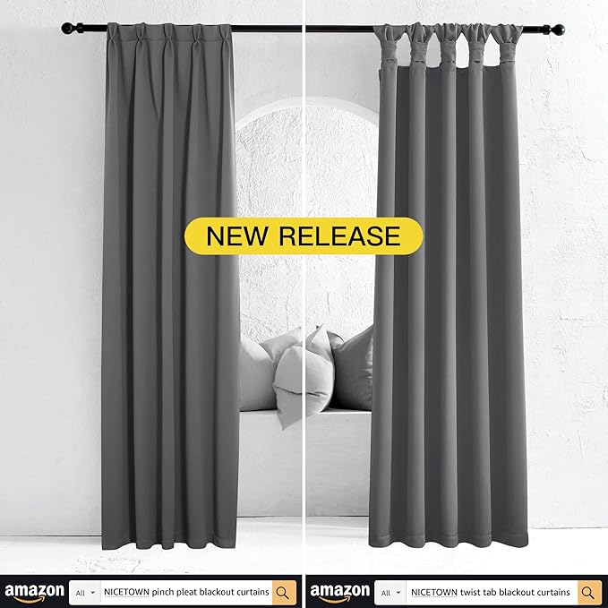 NICETOWN Grey Full Shade Curtain Panels, Pair of Energy Smart & Noise Blocking Out Blackout Drapes for Dining Room Window, Thermal Insulated Guest Room Lined Window Dressing(Gray, 52 x 72 inch)