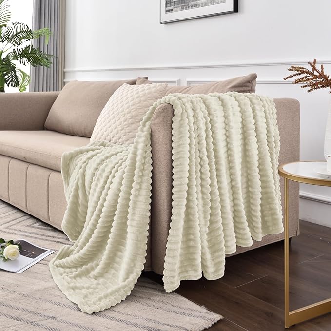 BEDELITE Fleece Blanket King Size – 3D Ribbed Jacquard Soft and Warm Decorative Fuzzy Blankets – Cozy, Fluffy, Plush Lightweight Throw Blankets for Couch, Bed, Sofa(Beige, 108x90 inches)