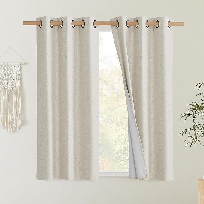 NICETOWN Natural Linen Complete Blackout Curtains 54 inches for Kids Room, 2 Panels, Thermal Insulated & Noise Reducing Window Draperies with White Liner, Noise Reducing Short Drapes