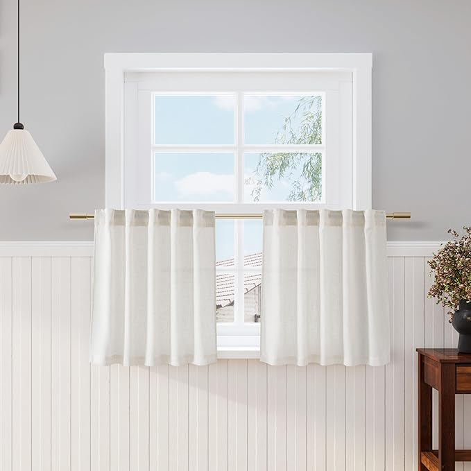 Nanspring Cream Linen Cafe Curtains 24 Inch Length 2 Panels Light Filtering Semi Sheer Mini Curtains for Small Window Basement Bathroom Back Tab Rod Pocket Short Sheer Kitchen Curtain 36x24 Inches