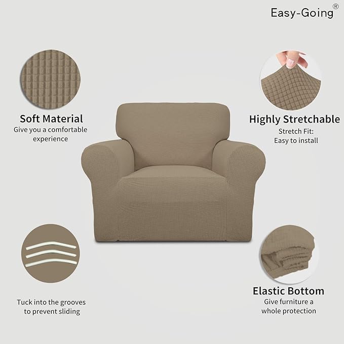 Easy-Going Stretch Chair Sofa Slipcover 1-Piece Couch Sofa Cover Furniture Protector Soft with Elastic Bottom for Kids, Pet. Spandex Jacquard Fabric Small Checks (Chair, Natural)