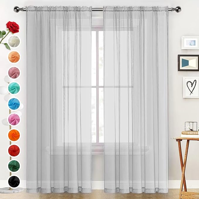 SpaceDresser Basic Rod Pocket Sheer Voile Window Curtain Panels Silver Grey 1 Pair 2 Panels 52 Width 96 Inch Long for Kitchen Bedroom Children Living Room Yard（Silver Grey, 52W x 96L）