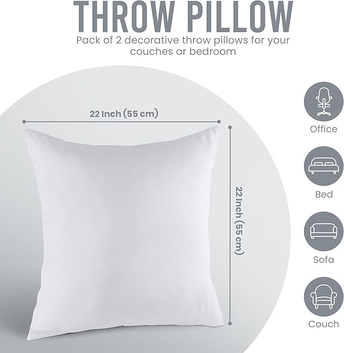 Utopia Bedding 22x22 Pillow Inserts, Set of 2, White – Indoor Decorative Throw Pillows for Bed, Sofa & Couch – Soft, Supportive & Fluffy Cushion Inserts