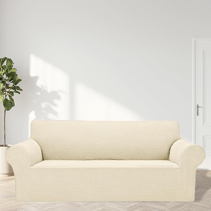 Cupuamon 2026 New Stretch Oversized Sofa Slipcovers Couch Sofa Cover for 4 Seater Furniture Protector Covers with Elastic Bottom Jacquard Fabric Small Checks for Pets, Kids - Beige