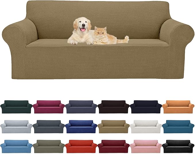 Cupuamon 2026 New Stretch Sofa Slipcovers Couch Cover for 3 Cushion Furniture Protector Sofa Covers with Elastic Bottom Jacquard Fabric Small Checks for Pets, Kids -Sofa, Tan