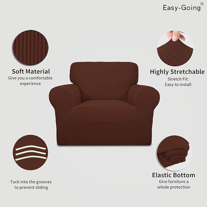 Easy-Going Stretch Chair Sofa Slipcover 1-Piece Couch Sofa Cover Furniture Protector Soft with Elastic Bottom for Kids, Pet. Spandex Jacquard Fabric Small Checks (Chair, Coffee)