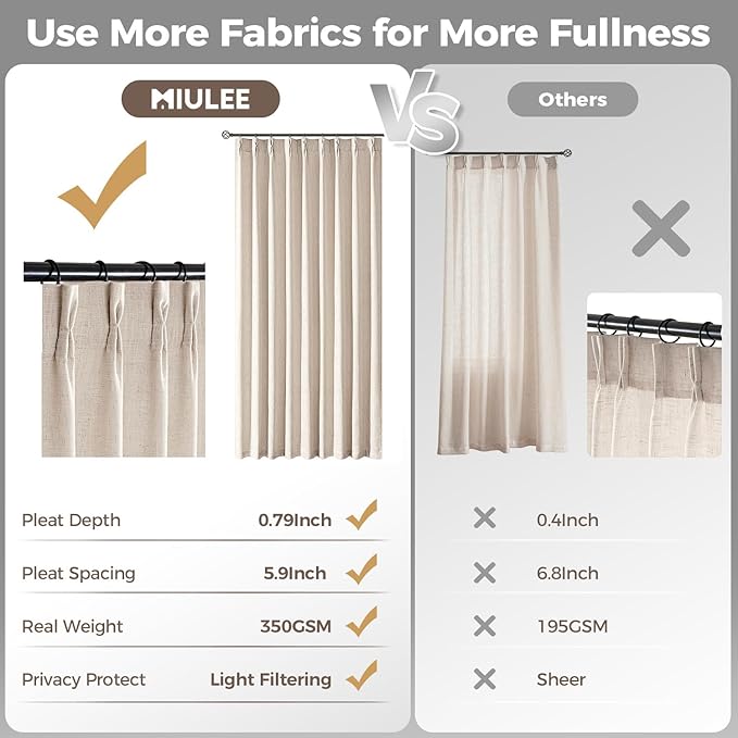 MIULEE Pinch Pleated Thick Linen Curtains 102 Inches Long 2 Panels for Living Room Bedroom, Memory Trained Pleat Drapes Back Tab Light Filtering Boho Cream Ivory Window Curtains with Hooks