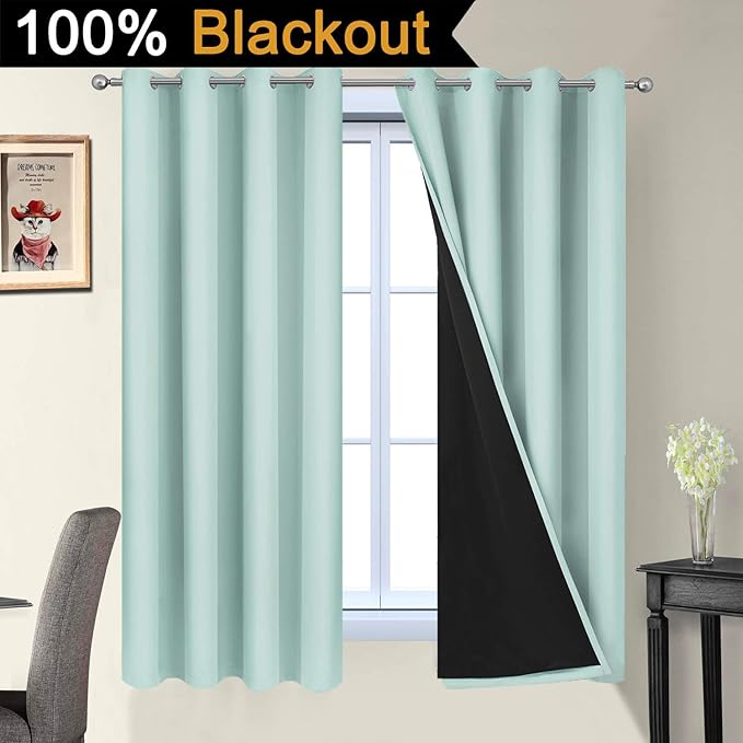 Yakamok Thermal Insulated 100% Blackout Curtains for Bedroom, 2 Thick Layers Completely Blackout Drapes for Living Room with Black Liner(52Wx63L, Aqua, 2 Panels)
