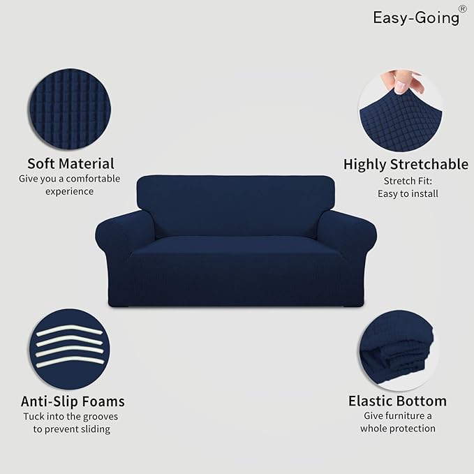 Easy-Going Stretch Oversized Loveseat Slipcover 1-Piece Sofa Cover Furniture Protector Couch Soft with Elastic Bottom for Kids Polyester Spandex Jacquard Fabric Small Checks Navy