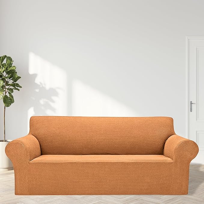 Cupuamon 2026 New Stretch Sofa Slipcovers Couch Cover for 3 Cushion Furniture Protector Sofa Covers with Elastic Bottom Jacquard Fabric Small Checks for Pets, Kids -Sofa, Golden