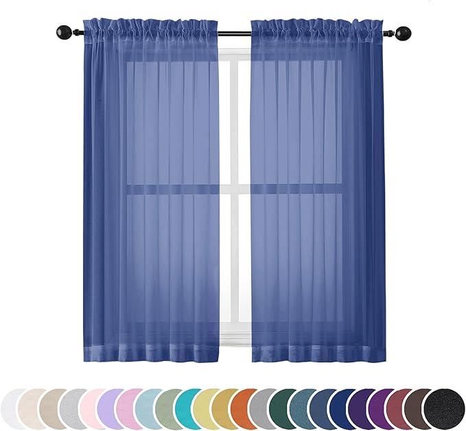 OWENIE Sheer Curtains 54 Inch Length 2 Panels Set, Royal Blue Clear Sheer Short Curtains for Small Window, Light Filtering Rod Pocket Curtain Sheers, 2 Pcs 84 Width 54 Long, Royal Blue