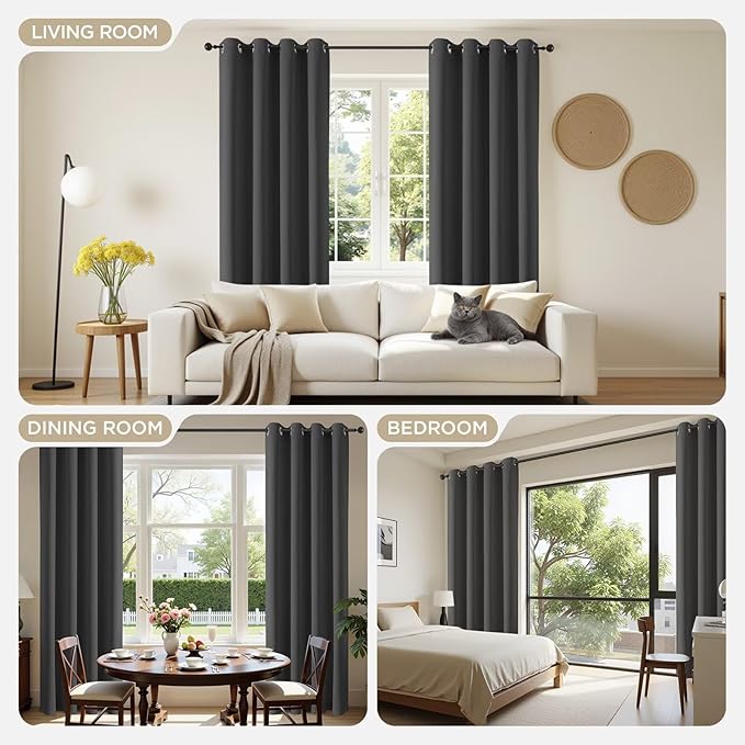Joydeco Blackout Curtains 63 Inch Length 2 Panels Set, Thermal Insulated Long Curtains& Drapes 2 Burg, Room Darkening Grommet Drapes for Bedroom Living Room Window (Grey, W52 x L63 Inch)