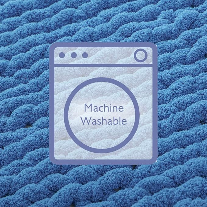 Bigacogo Chunky Knit Throw Blanket for Couch, 40x80 inches, 100% Hand Knitted with Thick Jumbo Chenille Yarn, Cozy Soft Large Rope Knot Cable Crochet Blankets for Sofa Bed Living Room, Bright Blue