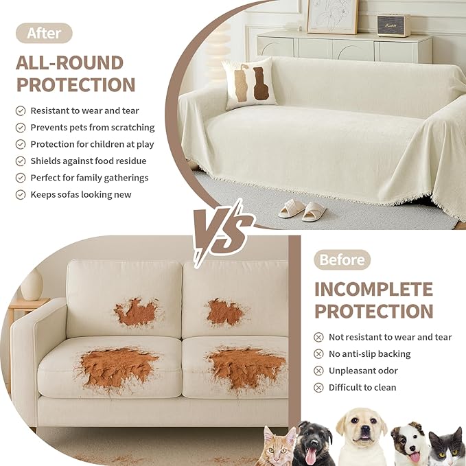 Couch Cover for Dogs, Boho Sofa Covers for 3 Cushion Couch, Chenille Sofa Slipcover for Pets Washable, L-Shape Sectional Couch Cover Soft Throw Blankets with Tassels(91x118,Cream)
