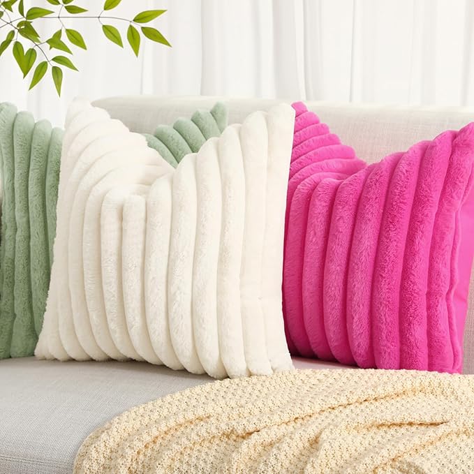 decorUhome Summer Cozy Faux Fur Throw Pillow Covers 24x24 Set of 2 Decorative Soft Plush Striped Modern Farmhouse Boho Couch Euro Sham Pillow Cases with Velvet Back for Sofa Bed Living Room, Hot Pink