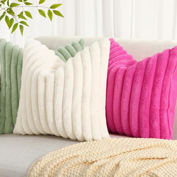 decorUhome Summer Cozy Faux Fur Throw Pillow Covers 22x22 Set of 2 Decorative Soft Plush Striped Modern Farmhouse Boho Couch Euro Sham Pillow Cases with Velvet Back for Sofa Bed Living Room, Hot Pink