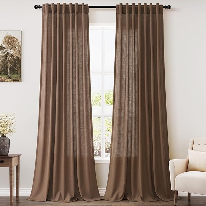 Nanspring Extra Long Caramel Brown Linen Curtains 2 Panels 102 Inches Long for Dinning Room Back Tab Light Filtering Semi Sheer Drapes Cotton Linen Textured Window Curtain 102 Inch Length for Bedroom