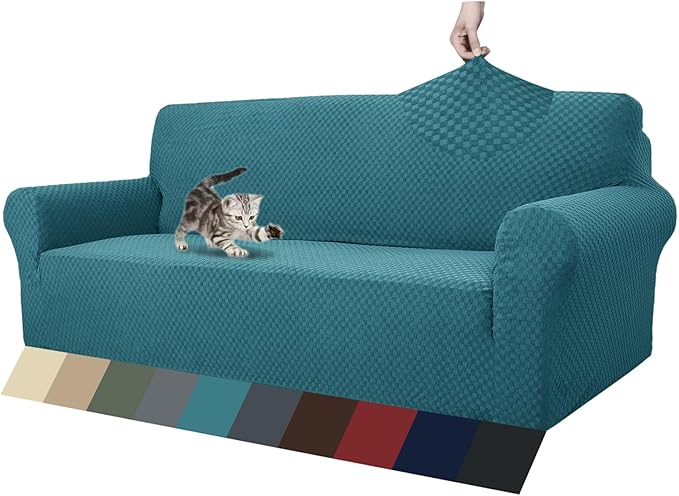 ZNSAYOTX 1 Piece Jacquard Couch Covers for 3 Cushion Couch Living Room High Stretch Sofa Cover Pets Dogs Friendly Anti Slip Thickened Slipcovers Furniture Protector (Sofa, Peacock Blue)