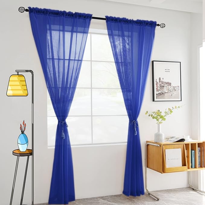 SpaceDresser Sheer Voile Window Treatment Rod Pocket Curtain Panels for Kitchen Bedroom Living Room Drapes Sunlight Filtering Privacy Semi Home Decor Assorted Colors Sizes (Sapphire, 52 W x 45 L)