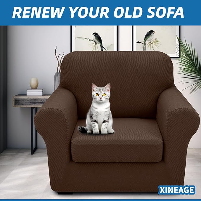 XINEAGE 2026 New 2 Pieces Chair Covers with Arms Super Stretch Chair Slipcover for Living Room Pet Dog Universal Slip Cover Anti Slip Armchair Furniture Protector (Coffee), 31"-46"(1 Cushion)