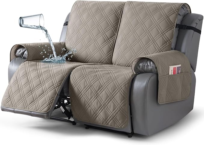 TAOCOCO 100% Waterproof Oversized Loveseat Recliner Cover, Non Slip Split Couch Covers for Reclining Loveseat with Elastic Straps for Kids Pets(Oversized 2 Seater, Light Browm)