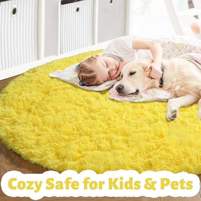 Amdrebio Yellow Round Circle Area Rug 4Ft for Bedroom Living Room, Fluffy Fuzzy Plush Rugs for Kids Room Decor Aesthetic, Cute Furry Shag Kawaii Circular Carpet for Classroom Nursery Dorm Toddler Baby