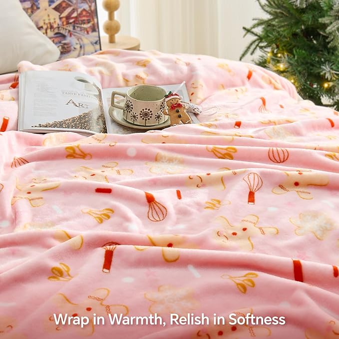 BEDELITE Pink Christmas Throw Blanket for Girls & Teens – Cute Holiday Blanket with Gingerbread Man Pattern, Soft Lightweight Fleece Christmas Blanket for Couch & Bed, Festive Home Décor Gift, 50"x60"