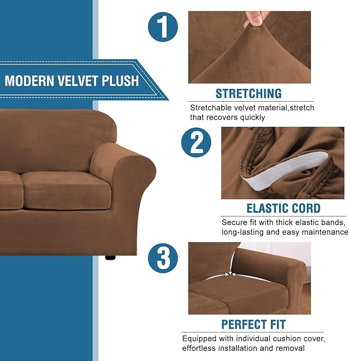 H.VERSAILTEX Real Velvet Plush 3 Piece Stretch Sofa Covers Couch Covers for 2 Cushion Couch Sofa Slipcovers Width Up to 90 Inch Thick Soft Stay in Place (Large Sofa, Caramel)