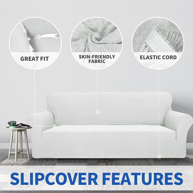 ZNSAYOTX 1 Piece Jacquard Couch Covers for 2 Cushion Couch High Stretch Loveseat Slipcover for Pets Dogs Anti Slip Love Seat Sofa Slipcover Furniture Protector (Medium, White)