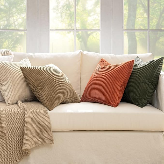 MIULEE Boho Farmhouse Throw Pillow Covers 24x24 Inch Set of 4 Mordern Rust-Olive Green Cushion Covers Soft Corduroy Nordic Home Decor for Spring Couch Bed Sofa Living Room