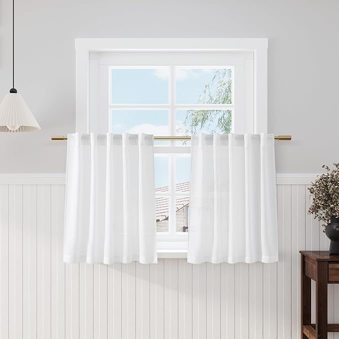 White Linen Kitchen Curtains 30 Inches Long 2 Panels Back Tab Rod Pocket Farmhouse Light Filtering Semi Sheer Short Curtains Solid Privacy Cafe Tier Curtain for Bathroom Basement Camper 30x30