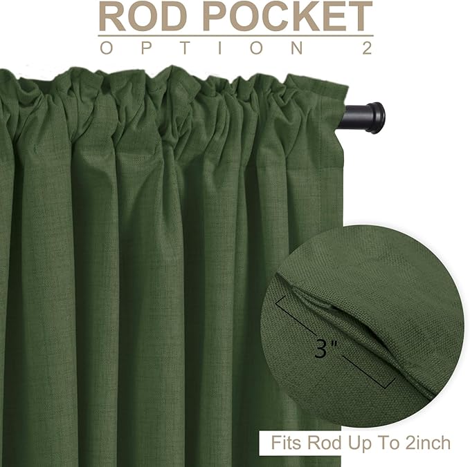 100% Blackout Shield Linen Blackout Curtains for Bedroom 108 Inches Long, Back Tab/Rod Pocket Living Room Drapes, Thermal Insulated Blackout Curtains 2 Panels Set, 50" W x 108" L, Moss Green